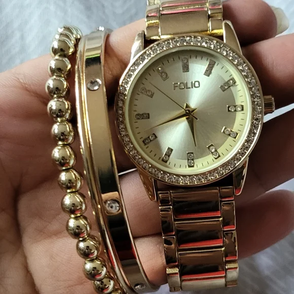 Jewelry Folio Womens Gold Tone With Gold Dial Watch Bracelet